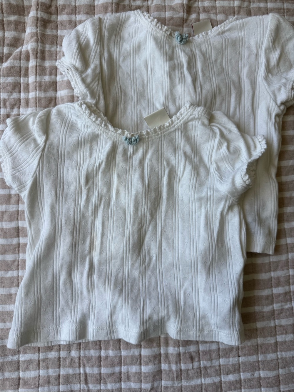 GAP x Doen white pointelle t-shorts with blue bow and lace detail